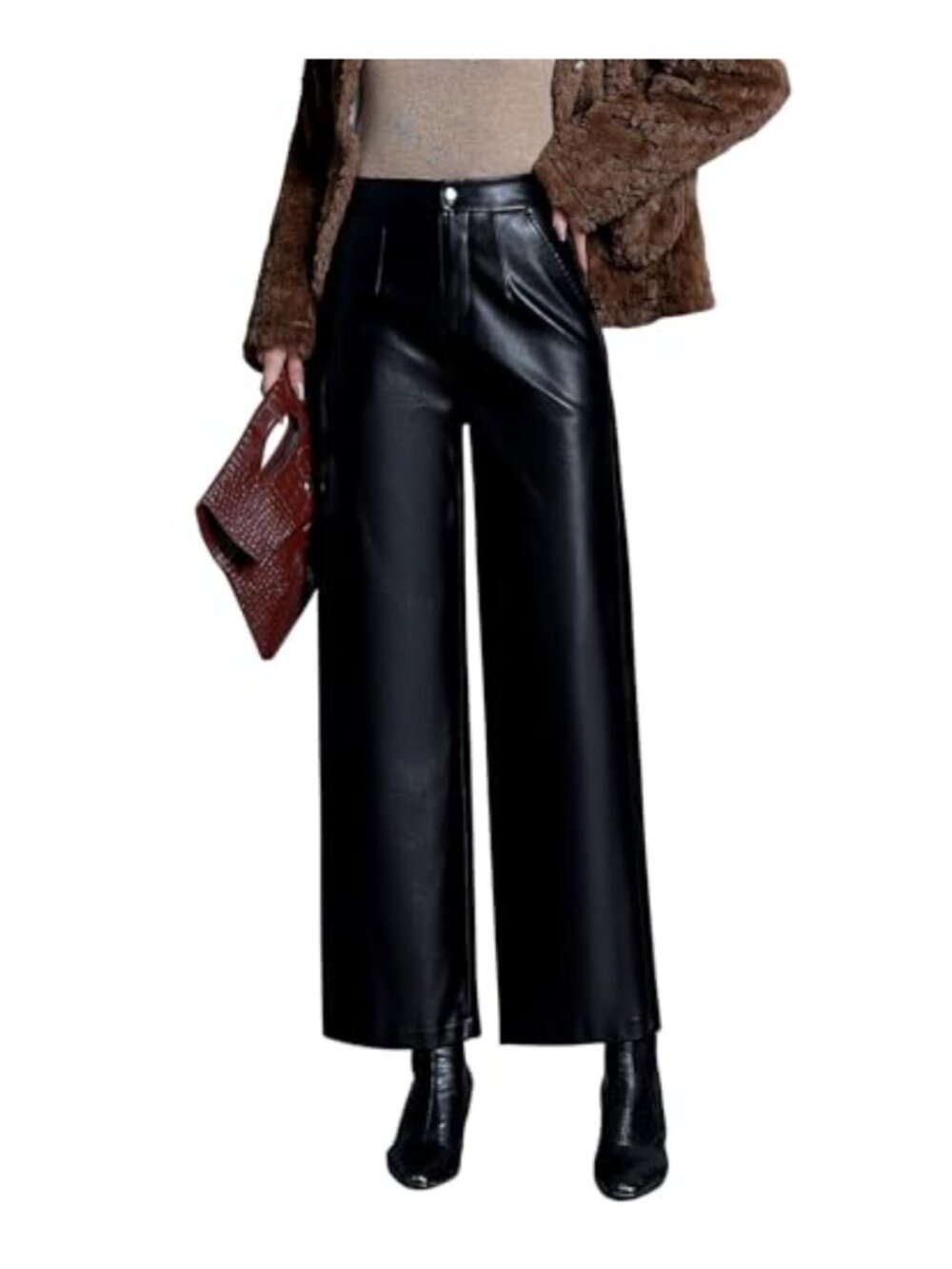 Faux Leather Pants Straight Wide Leg PU Trousers High Waist Pockets
